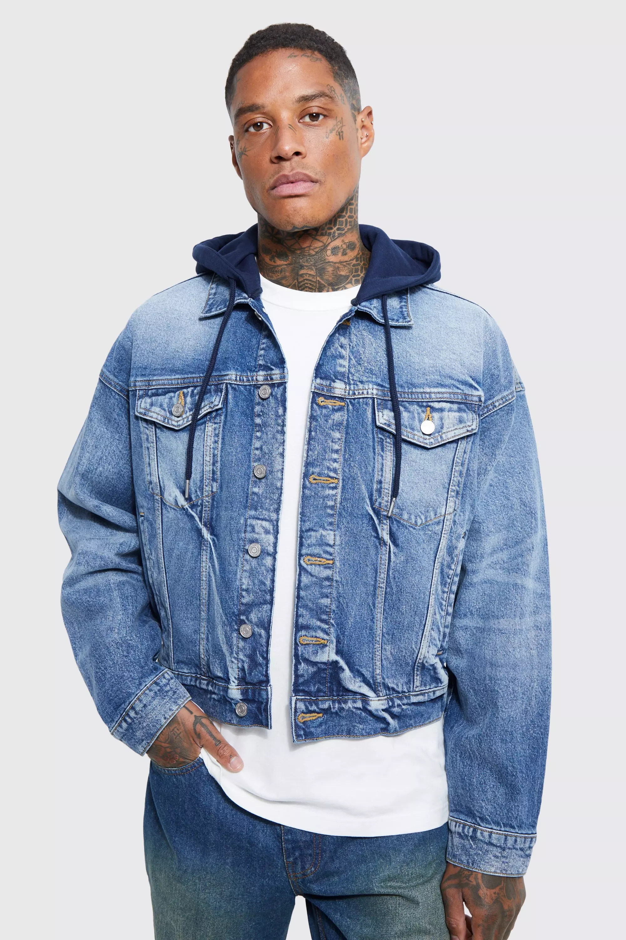 Denim jacket with jersey hood new arrivals